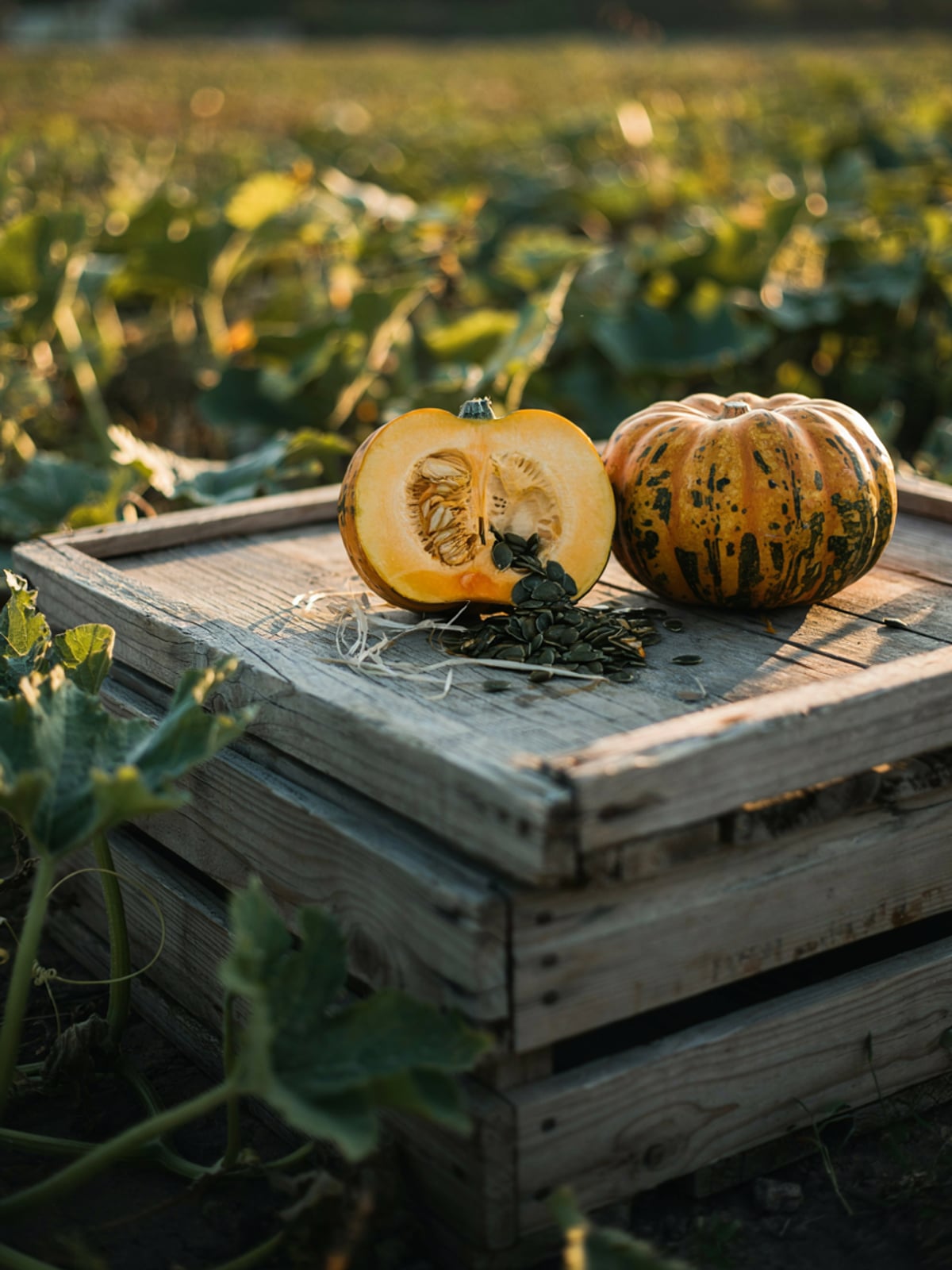 Oil pumpkin field at harvest